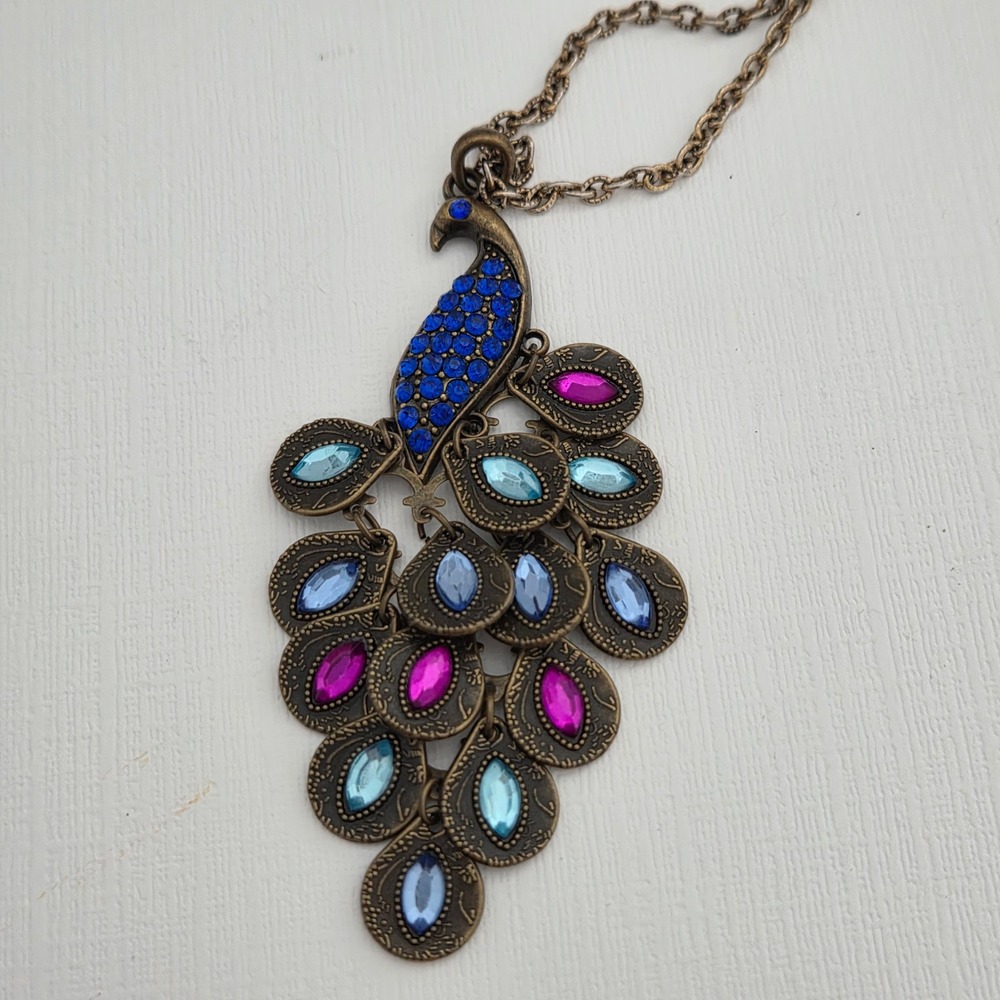 Peacock Pendant Necklace Bronze Blue Purple Rhinestone long statement